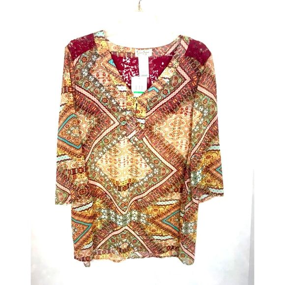 Jessica Simpson Boho Print Geometric 3/4 Sleeve Shirt Neutral Colors Size L NWT - Picture 1 of 3